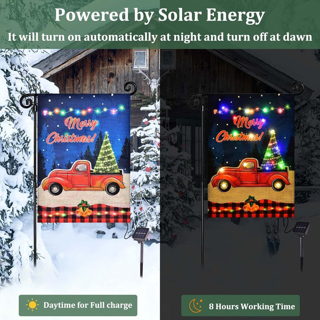 FLAGMESAGE Merry Christmas Lighted Garden Flag, LED Red Truck Flag, Vertical Christmas Flag for Outdoor Yard Garden Lawn Decoration