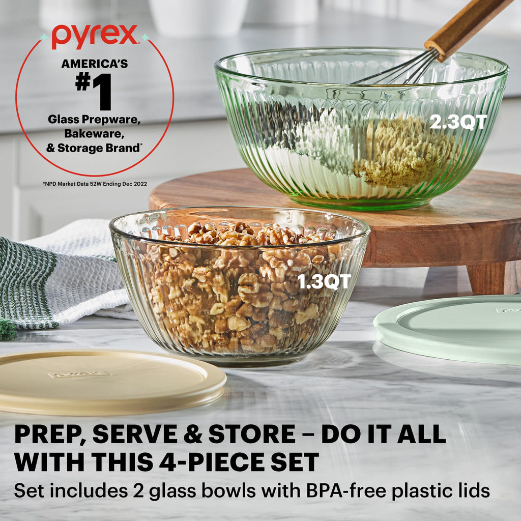 Pyrex Colors Tinted 4-PC, Small/Medium Glass Mixing Bowls With Lids, Nesting Space Saving Set of Bowls For Prepping and Baking, 1.3QT & 2.3QT