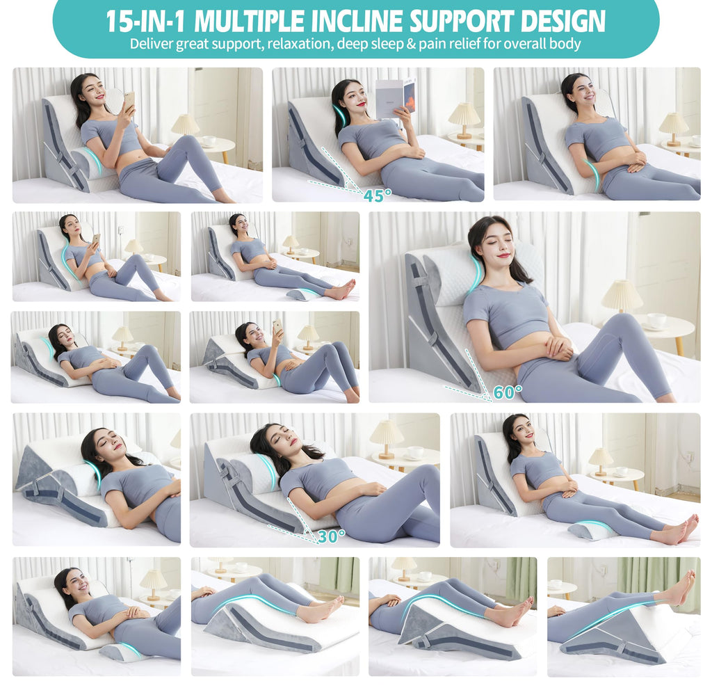Wedge Pillow for Sleeping, Orthopedic Bed Wedge Pillow Set, 15-in-1 Adjustable Memory Foam Wedge Pillow Post Surgery, 9 &16 & 20 inches Height 3-in-1 Incline Pillows Wedges for Back Pain/Acid Reflux