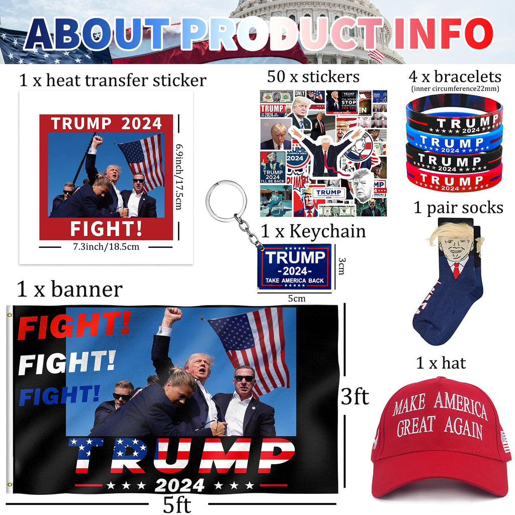 DOSMINE Supporter Kit Trump 2024 Flag 3 * 5ft Trump Survived Shot Fight Trump Flag Banner Trump Stickers Trump Hat Trump Socks Trump Keychain Trump Bracelets Heat Transfer Sticker