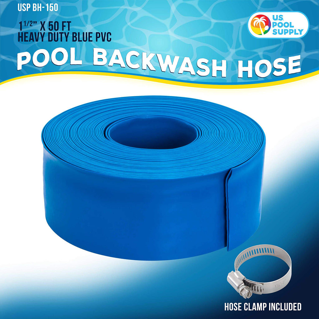 U.S. Pool Supply Pool Backwash Hose 1.5" x 50' - Heavy-Duty Pool Drain Hose, Filter Pump Water Drainage, Sump Pump Discharge, Inground Draining - Flexible Lay Flat, Clamp