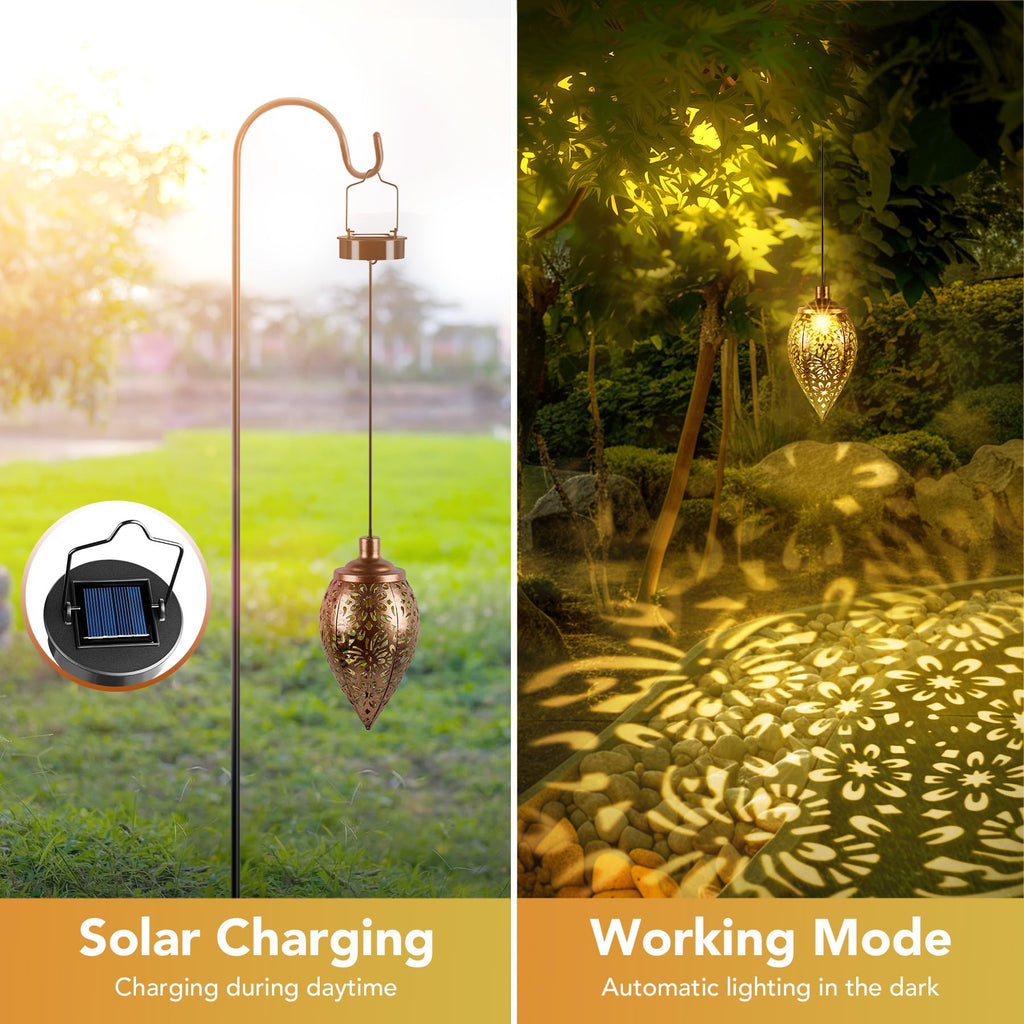 MAGGIFT 2 Pack Solar Lanterns Outdoor Waterproof, Solar Hanging Light with Handle, Warm White LED Retro Christmas Garden Lights, Metal Raindrop Shape Lamp for Outdoor Yard Tree Fence Patio