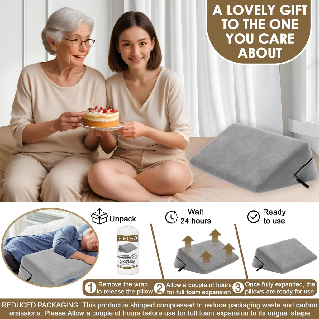 sokoro Bed Wedge Pillow for Sleeping, Side Sleeper Pillow, Back Pain Relief, Sleep Apnea, Snoring, GERD Acid Reflux, Knee Leg Elevation Pillows for After Surgery Gifts Seniors, Body Positioner, Grey