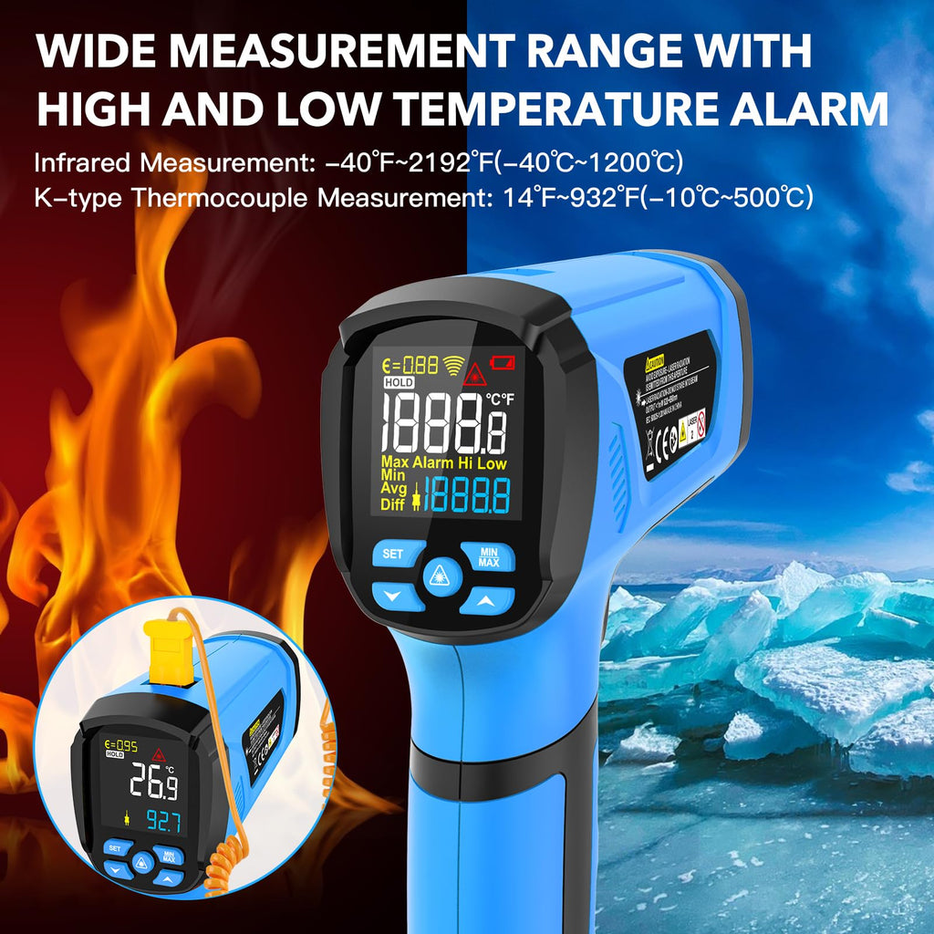 MESTEK Infrared Thermometer Temperature Gun, -40℉ to 2192℉ Dual Laser High Temp Thermometer with LCD Color Display, Non-Contact Industrial Pyrometer 50:1 Distance Ratio, Adjustable Emissivity