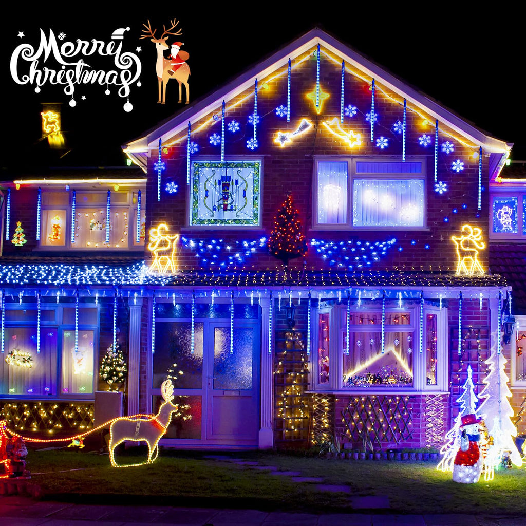 JMEXSUSS 2 Pack Solar Meteor Shower Lights Outdoor Christmas Lights, Blue Meteor Falling Rain Lights Cascading String Lights Waterproof for Tree Garden Party Christmas Decor, Total 16 Tubes 288 LED