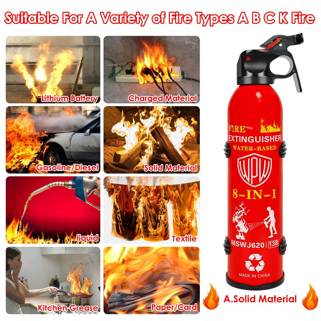 WPW Upgraded 8-in-1 Fire Extinguisher for Home with Wall Mount, 620ml Portable Fire Extinguisher For Vehicle Car Boat House Kitchen Emergency Supplies, Water-Based Solution For A, B, C, K Fire
