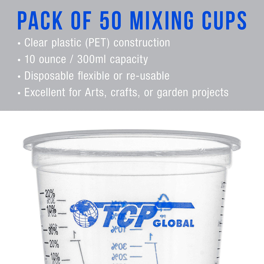 TCP Global 10 oz. (300ml) Graduated Plastic Mixing Cups - Box of 50 with 50 Mixing Sticks - Disposable Plastic Measuring Cups for Liquids, Paints, Resin, Epoxy, Art, Kitchen - Ratios 2-1, 3-1, 4-1 ML