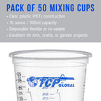 TCP Global 10 oz. (300ml) Graduated Plastic Mixing Cups - Box of 50 with 50 Mixing Sticks - Disposable Plastic Measuring Cups for Liquids, Paints, Resin, Epoxy, Art, Kitchen - Ratios 2-1, 3-1, 4-1 ML
