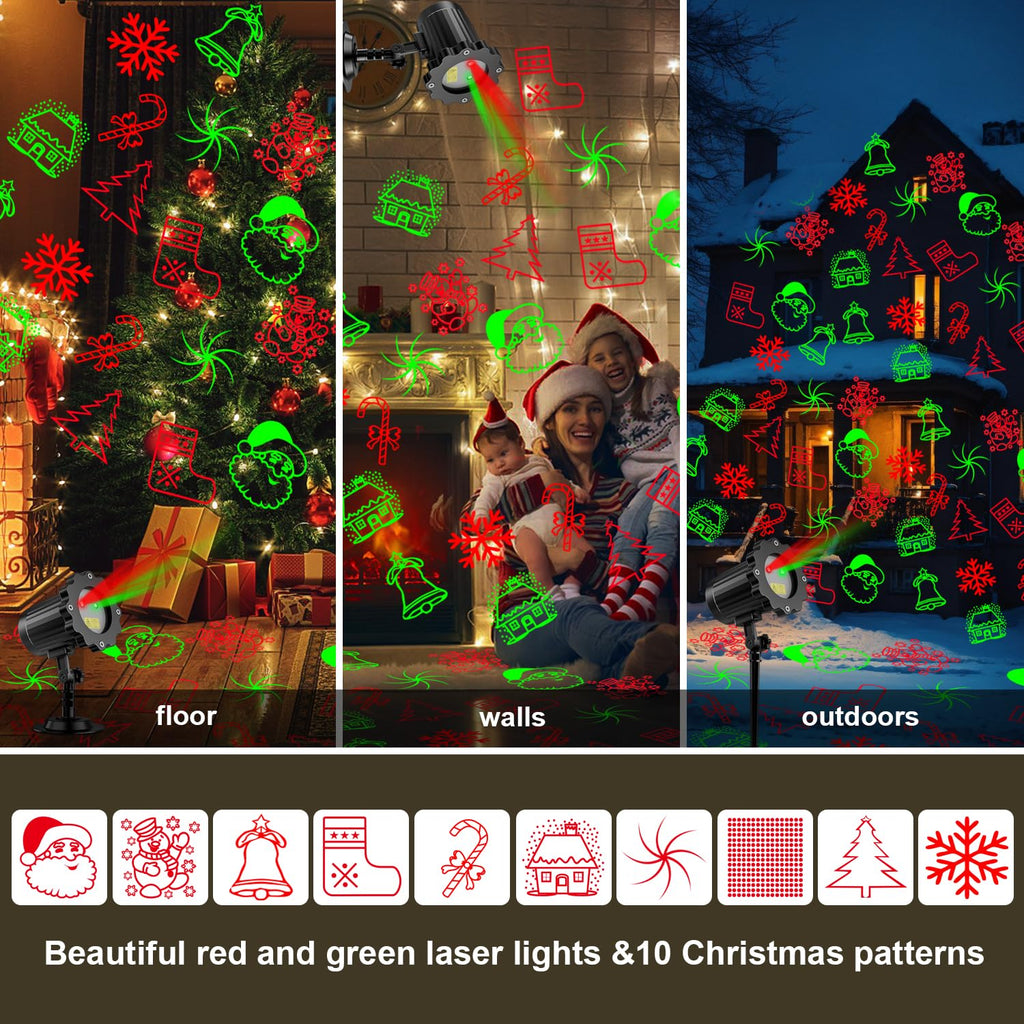 Christmas Laser Lights, Red Green Holiday Patterns Laser Light Projector with Rf Remote, Waterproof, Indoor Outdoor Decoration, Including Christmas Gift, Party, Gardens, Ceiling, Patio, Wall, Floor