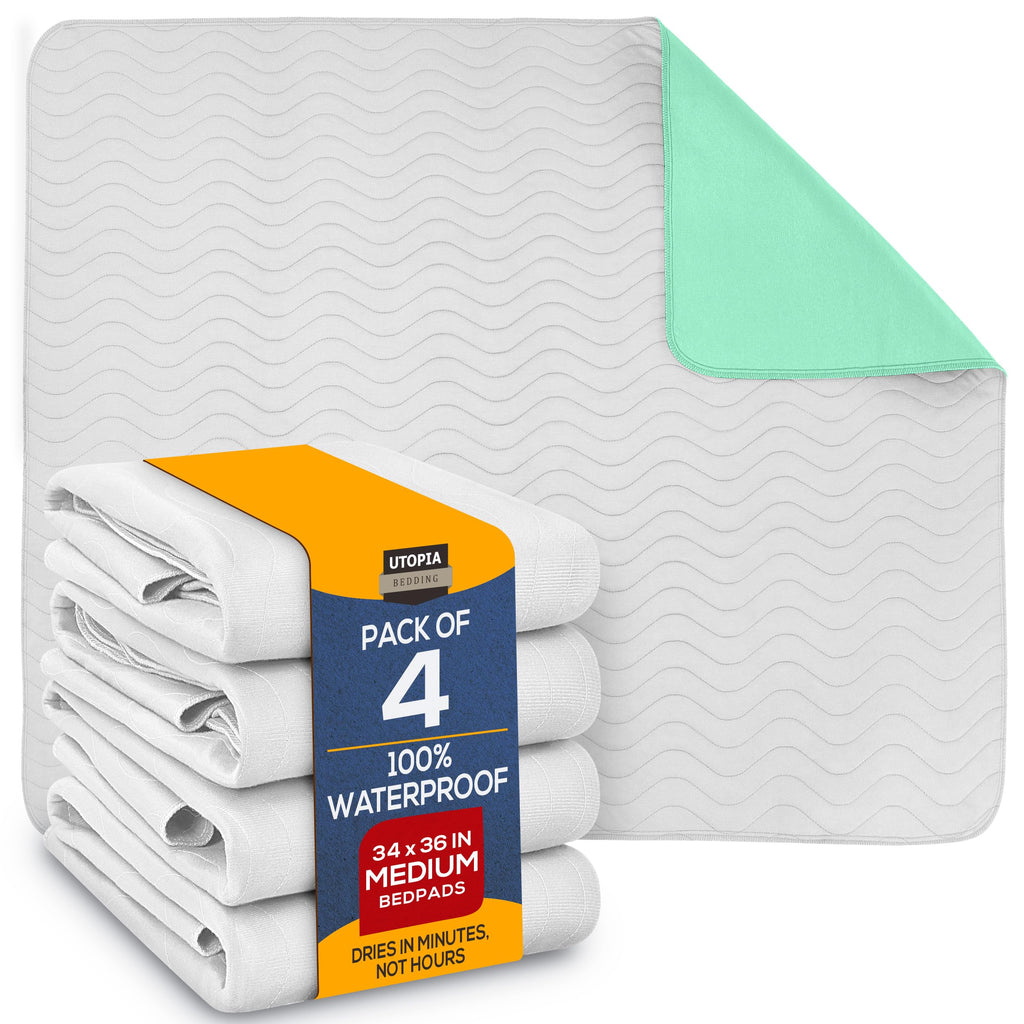 Utopia Bedding Waterproof Incontinence Bed Pads 34 x 36 Inches (Pack of 4, Green/Blue), Washable and Reusable Underpads for Adults, Elderly and Pets, Absorbent Protective Pads