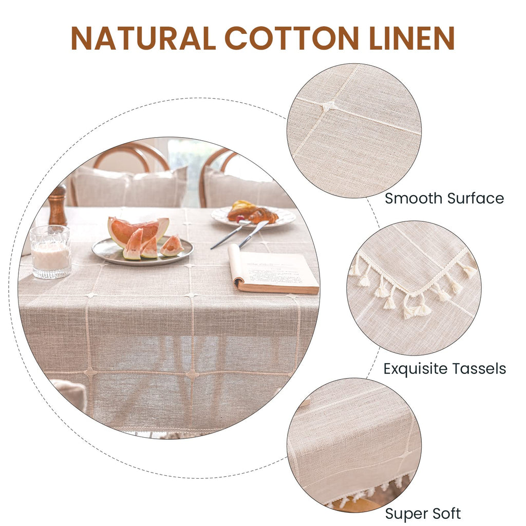 Deep Dream Tablecloths, Embroidered Waterproof Table Cloth Cotton Linen Wrinkle Free Anti-Fading Table Cover Decoration for Kitchen Dinning Party Christmas, 55 x 86 Inch - Light Brown