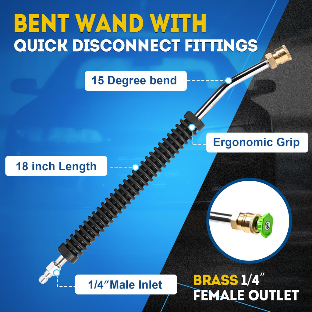 TOOLCY Pro Pressure Washer Gun and Wand, 5000 PSI High Pressure Washer Gun with 18" Curved Extension Wand, 360° Swivel, 1/4" Quick Connect Outlet, Includes 3/8" QC to M22-14mm Adapter & 5 Nozzle Tips