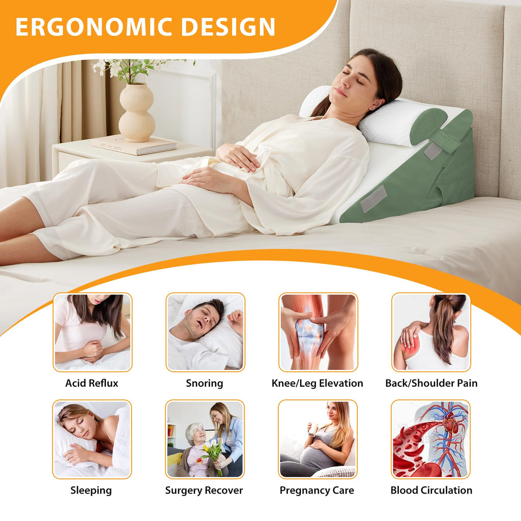 Ruqmuis 3PCS Wedge Pillow Set for After Surgery, Wedge Pillow Headboard, Adjustable 9&12 Inch Bed Pillow Wedge for Sleeping, Acid Reflux, Orthopedic Pillow Wedge for Back Pain Relief, Gerd, Green