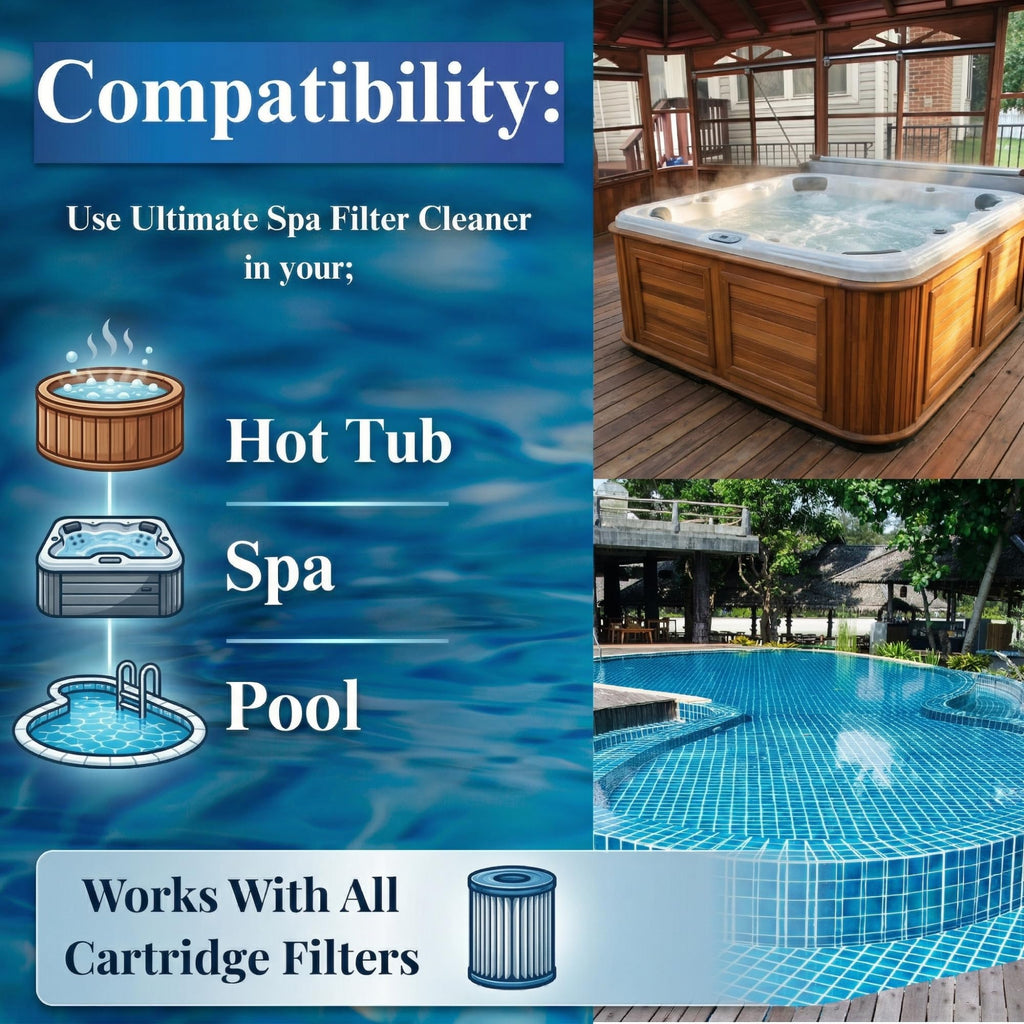 Ultimate Spa Filter Cleaner Fast-Acting Spray. Instant clean for Hot Tub & Pool Filters leaving behind no sticky residue. Prolongs filter life and pool equipment. No soaking. (1-Gallon)