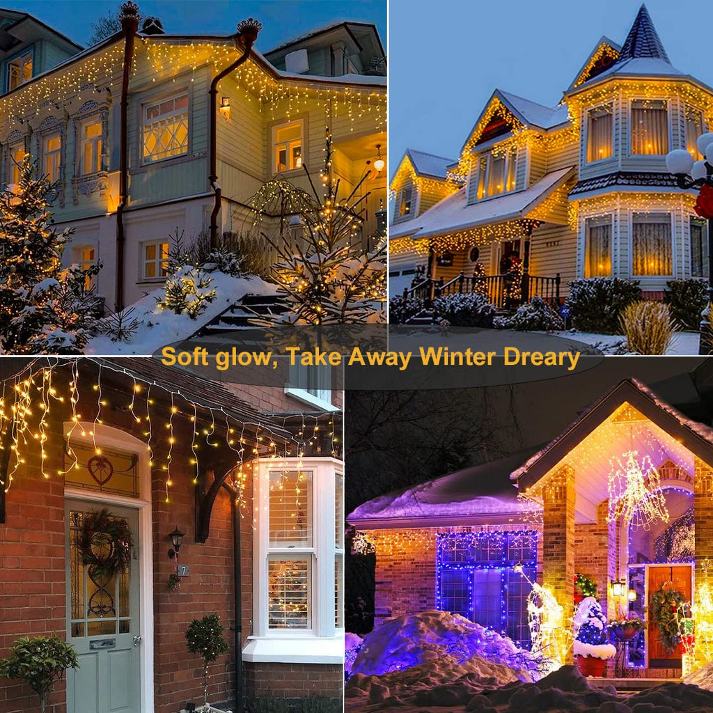 Christmas Icicle Lights Outdoor - 99ft 1216 LED 8 Modes Hanging Dripping Icicle String Lights with 228 Drops, Plug in Waterproof Timer Memory for Home Holiday Yard Wedding Party Indoor, Warm White