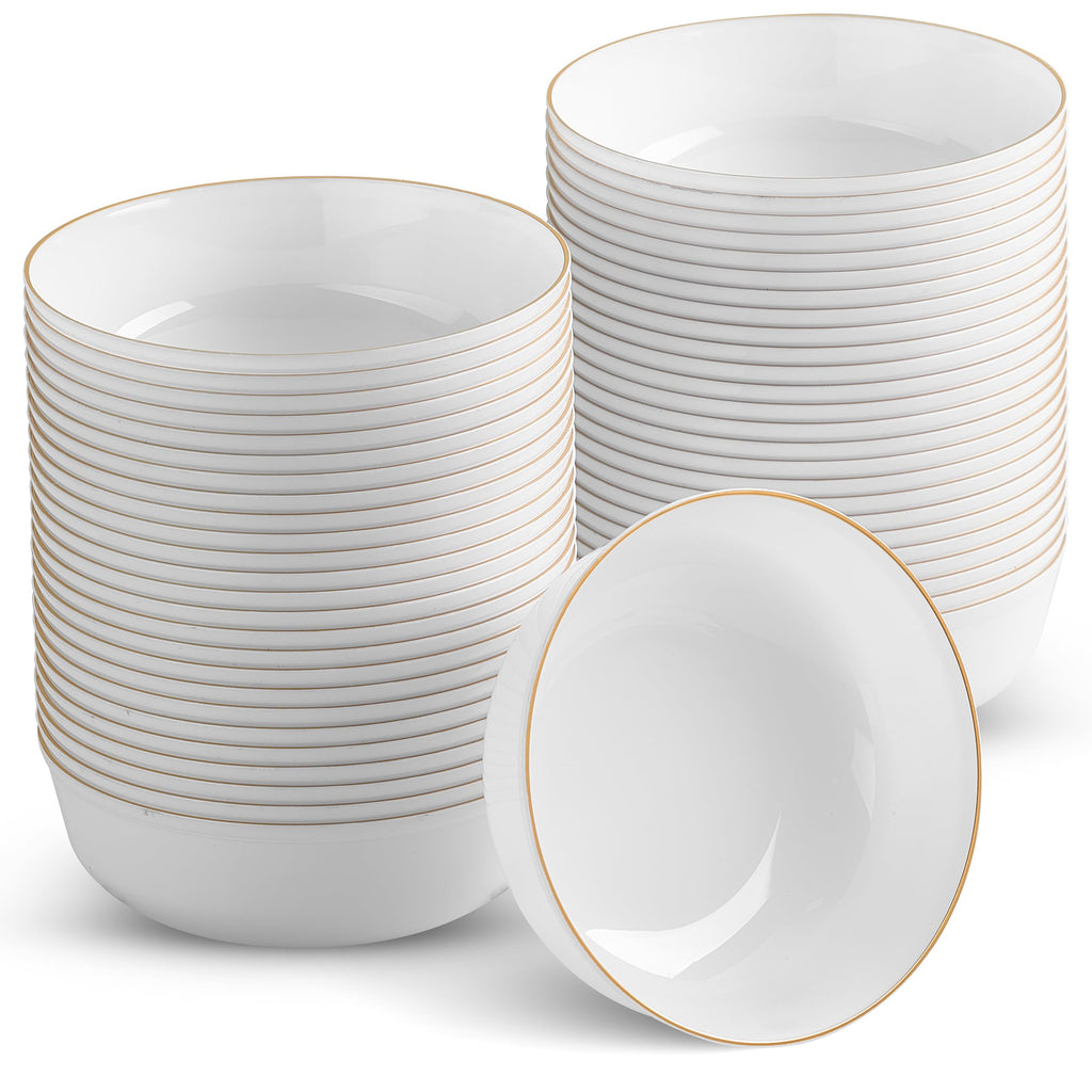 BloominGoods Disposable Plastic Soup Bowls, 50-Pack 14 Oz. Heavyweight White With Gold Rim Bowls For Party, Wedding Or Event