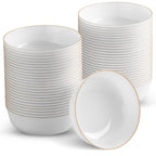 BloominGoods Disposable Plastic Soup Bowls, 50-Pack 14 Oz. Heavyweight White With Gold Rim Bowls For Party, Wedding Or Event