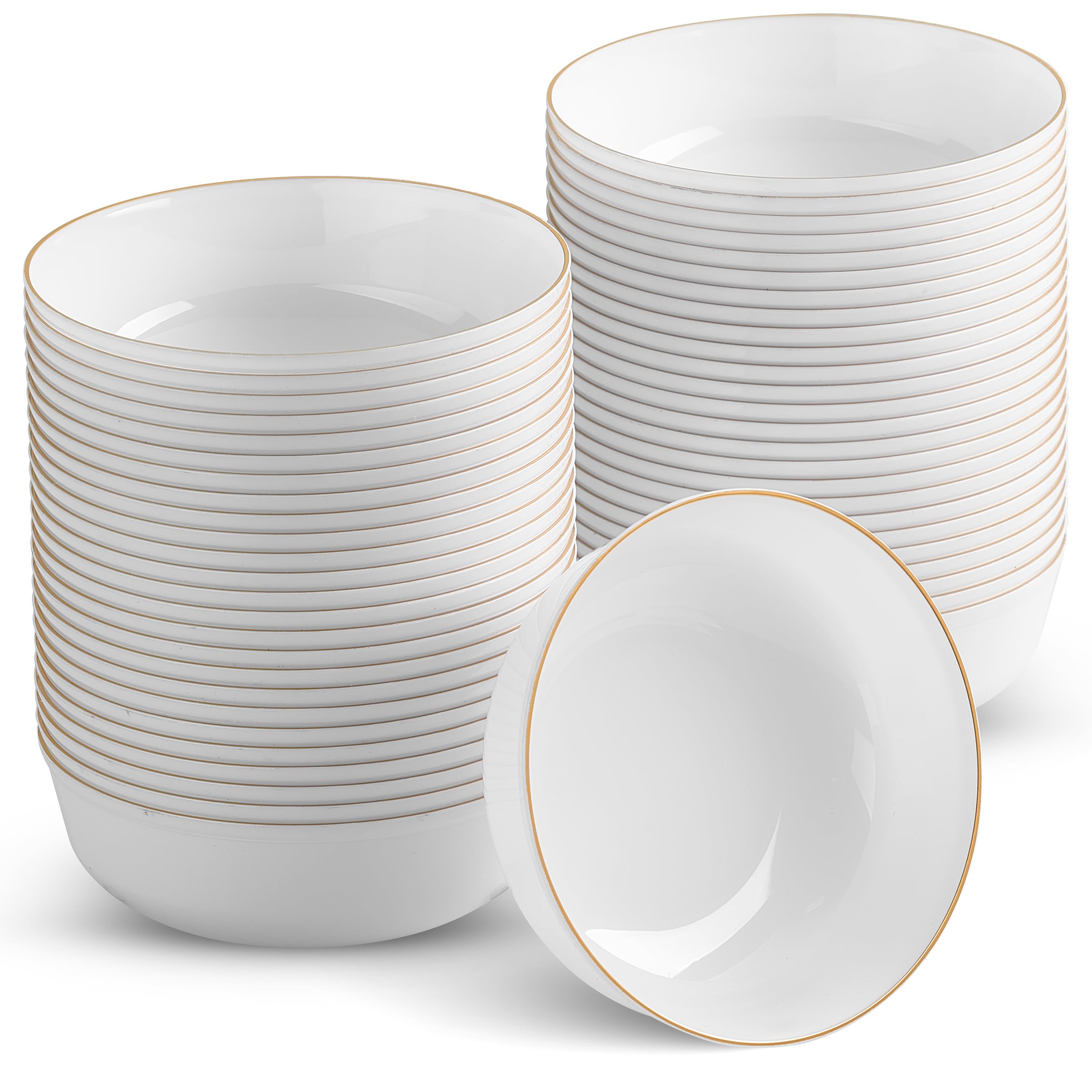 BloominGoods Disposable Plastic Soup Bowls, 50-Pack 14 Oz. Heavyweight White With Gold Rim Bowls For Party, Wedding Or Event