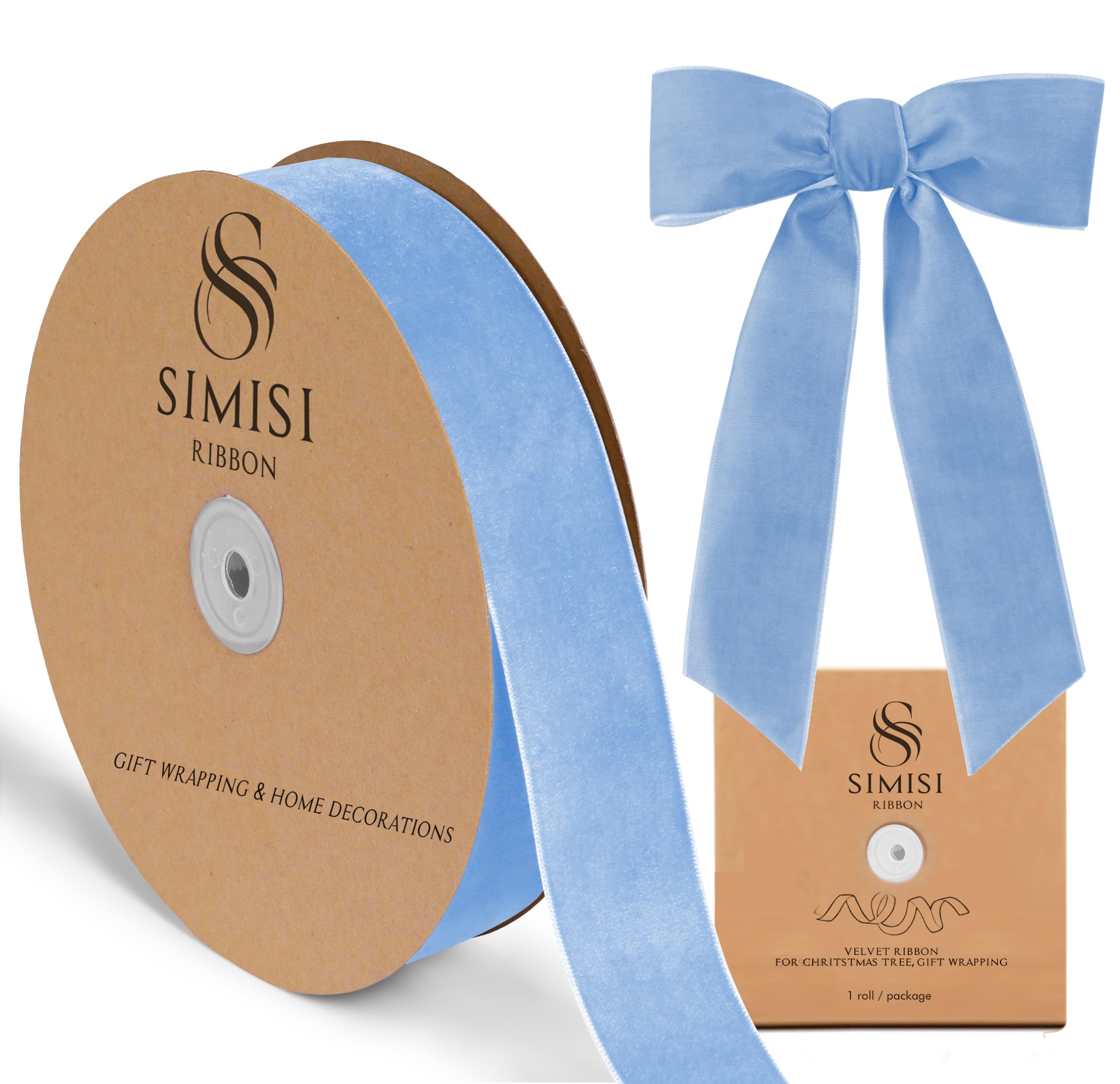 Light Blue Velvet Ribbon 1.5'' 25 Yards for Christmas Tree, Gift Wrapping, Flower Bouquet, Wreath Decorations, Bow Making