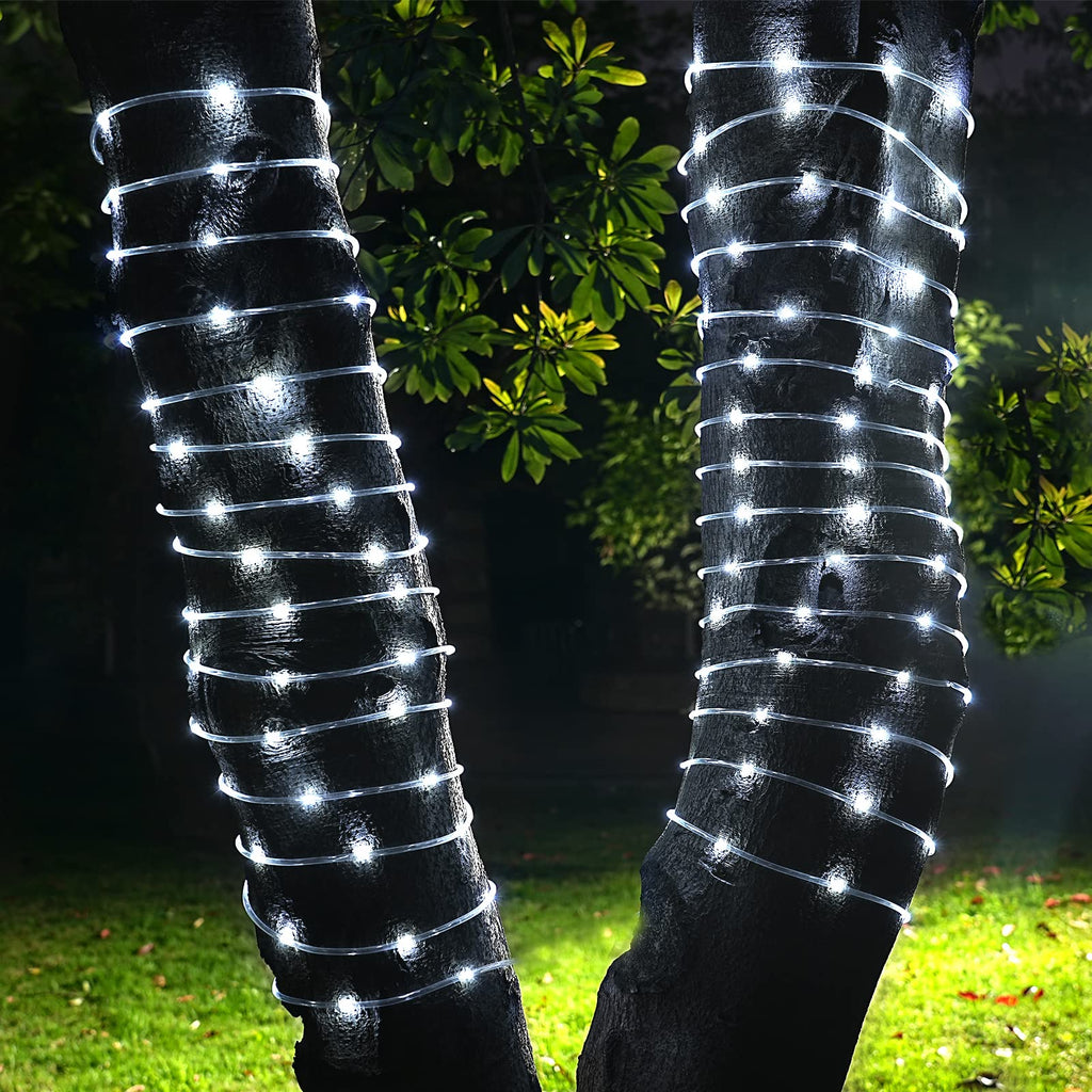 ICRGB Solar Rope Lights Outdoor, 66FT 200LED Solar Christmas String Lights with Remote, IP67 Waterproof Outdoor Lights, Timing, 8 Modes, Garden Christmas Lights Decorative for Porch Tree Pool, White