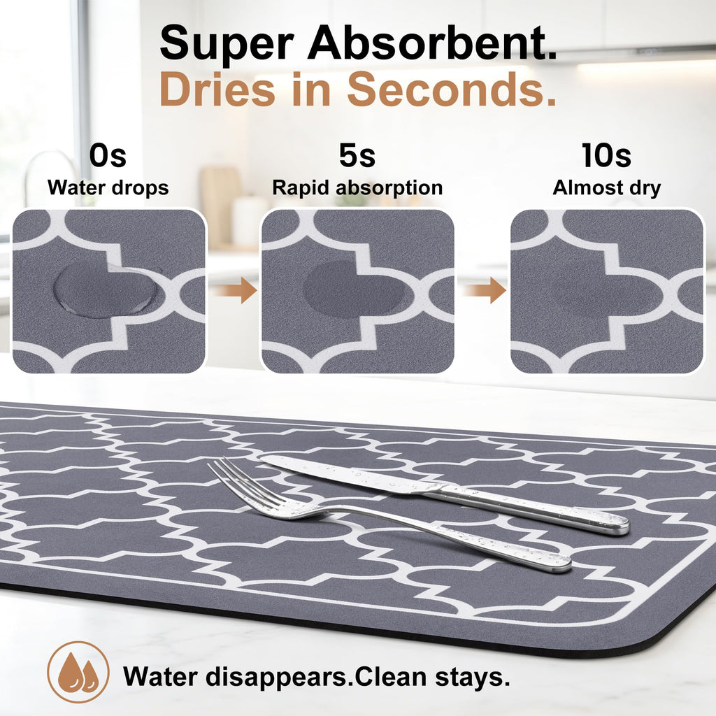WISELIFE Dish Drying Mat Super Absorbent Drying Mat Large Dish Drying Mats for Kitchen Counter Easy Clean Dish Mat Kitchen Drying Mat15"x 18" Stylish Grey