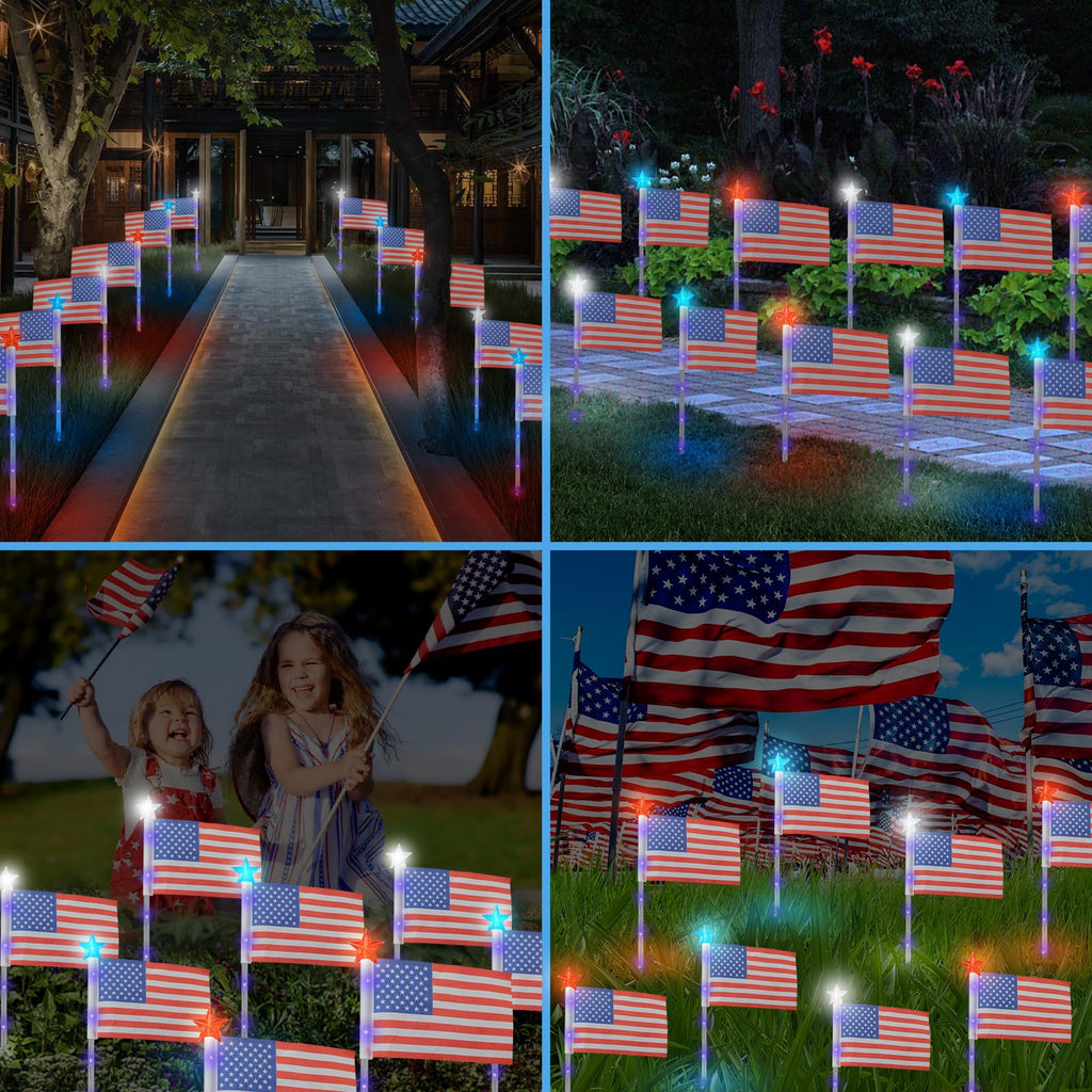 X-GiftKey 4th of July Decorations Outdoor American Flag Lights, 6-Pack Red White and Blue Solar Stars Lights with 6 USA Flags & 30LED,Bright Patriotic Pathway Lights for Memorial Day Yard Lawn Decor