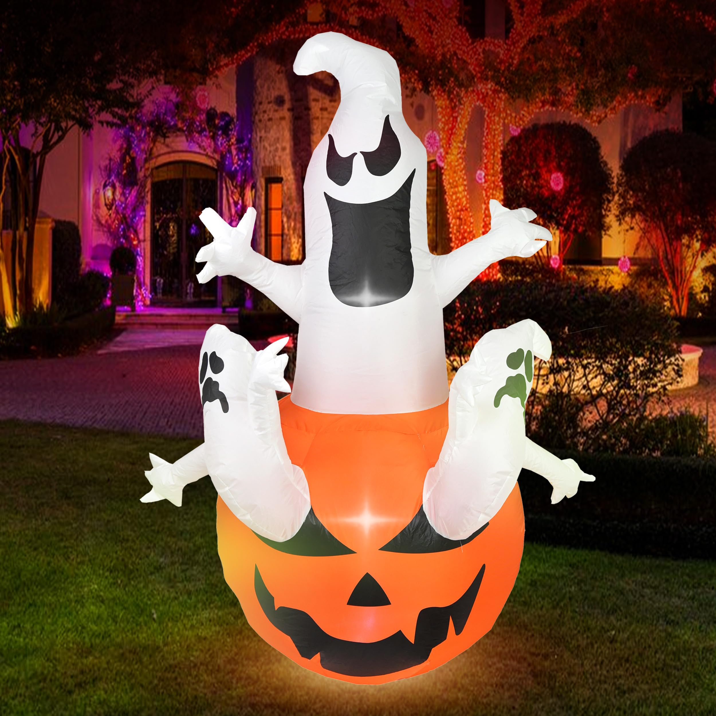 Dearsun 6FT Halloween Inflatable Pumpkin Ghosts, Blow Up Yard Halloween Inflatables Decoration with Lights for Indoor Outdoor Party Garden Lawn Holiday Decor (Three Ghosts with Pumpkin)