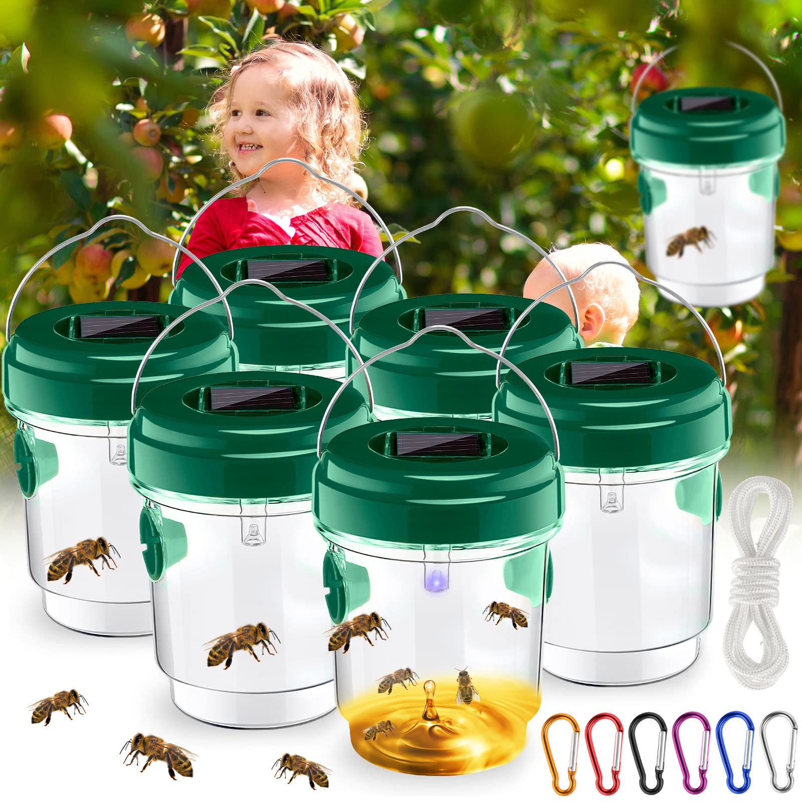 6 Pack Wasp Traps Outdoor Hanging Solar Wasp Killer Reusable Bees Trap with UV LED Light Solar Powered Hornet Trap for Indoor Outdoor Patio Garden Home with Snap Hooks and String (Orange)