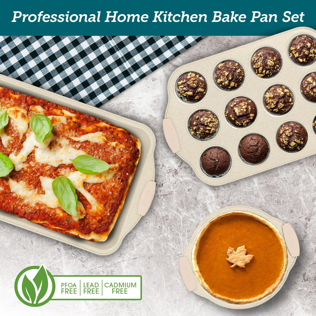 BAKKENMASTER 6-Piece Deluxe Nonstick Baking Pan Set - Professional Grade Carbon Steel Bakeware with White Marble Coating & Silicone Handles