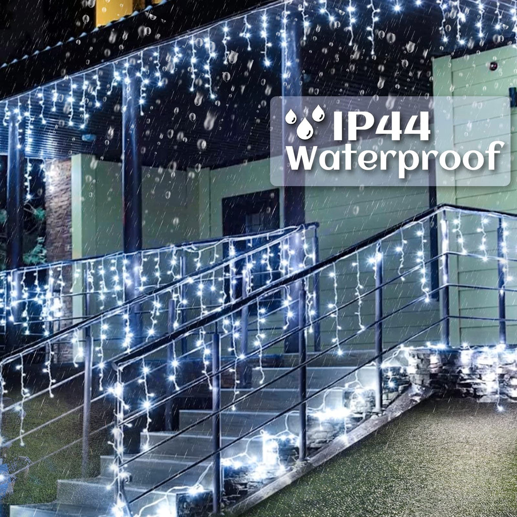 Icicle lights Outdoor - 33ft Christmas Lights with 400LED 75 Drops 8 Modes, Plug in Curtain String Lights Waterproof for Holiday Wedding Party Home Garden Bedroom Indoor Outdoor Decoration, Cool White