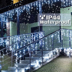 Icicle lights Outdoor - 33ft Christmas Lights with 400LED 75 Drops 8 Modes, Plug in Curtain String Lights Waterproof for Holiday Wedding Party Home Garden Bedroom Indoor Outdoor Decoration, Cool White