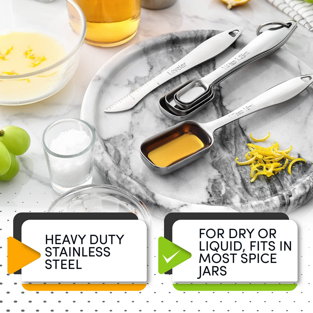 Spring Chef Stainless Steel Measuring Spoons Set of 6 with Leveler, Rectangular Metal Teaspoon & Tablespoon Measuring Spoons for Dry & Liquid Ingredients - Nesting Kitchen Gadgets For Baking & Cooking