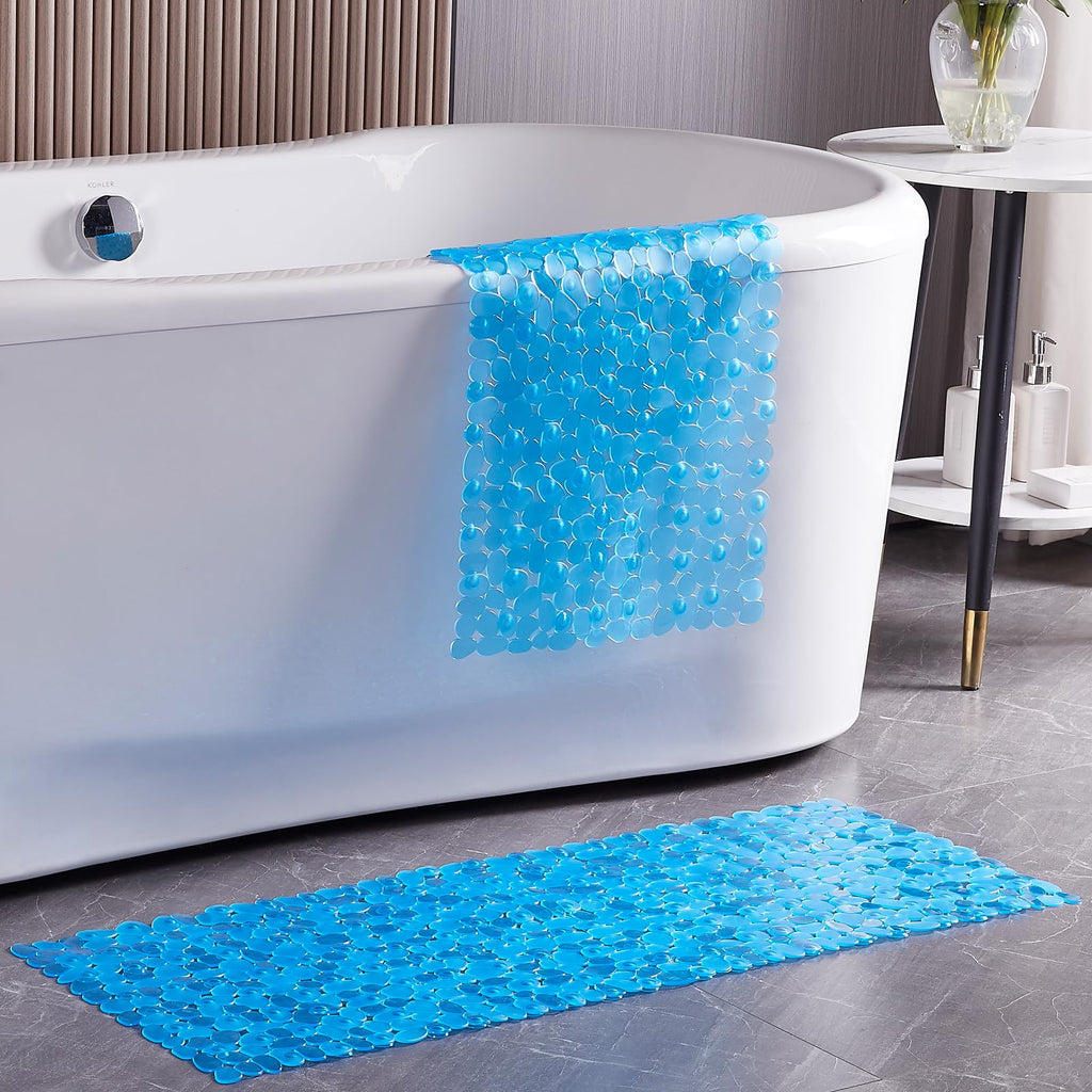 Webos Bath Shower Mat Non Slip: Extra Large Pebble Bathtub mat for Kids, Elderly, Anti Slip Shower Matt with Drain Holes Suction Cups Tub Mat - 16 X 40 Inch Clear Blue