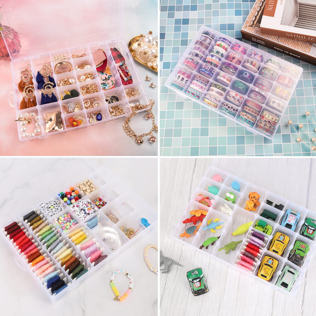 OUTUXED 2 Pack 36 Grids Clear Plastic Bead Organizer Box, Fishing Tackle Box Compartment Organizer with Adjustable Dividers for Jewelry, Art Craft, Bead Storage Containers with 5 Sheets Label Stickers