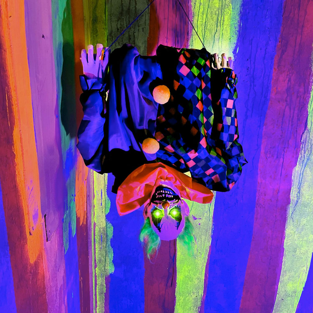 Haunted Hill Farm Animatronic Scary Upside Down Clown on Swing with Touch Activated Lights and Sound, Battery-Operated Indoor or Covered Outdoor Halloween Decoration