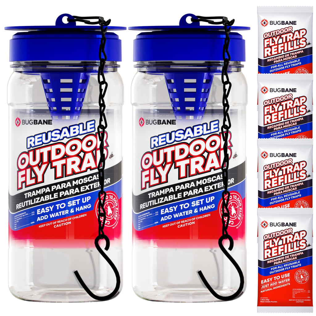 2 Reusable Fly Traps Outdoor Fly Traps with 4 Natural Fly Magnet Bait Refill. Flies Trap Outdoor Reusable Fly Trap Jar Fly Trap Fly Catchers Outdoor Fly Bait Fly Bags Flytraps Stable Horse Fly Trap