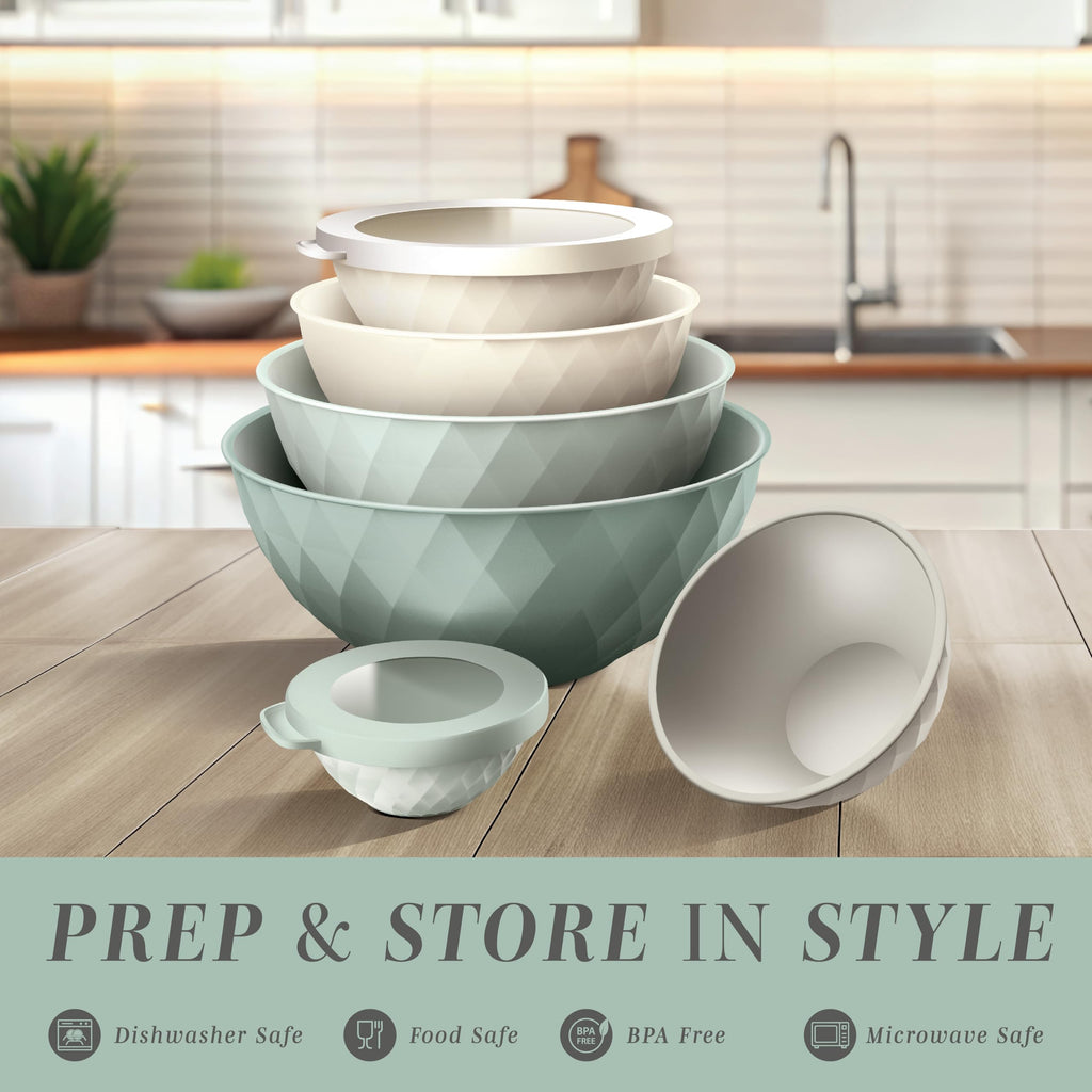 COOK WITH COLOR Mixing Bowls with Lids - 12 Piece Plastic Nesting Bowls Set includes 6 Prep Bowls and 6 Lids, Diamond Design - Microwave Safe (Mint)