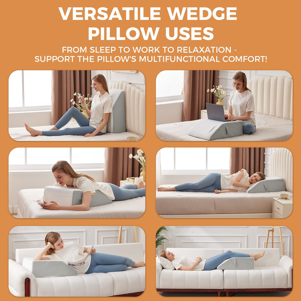 BIEEZZK Leg Pillow Elevation Blood Circulation, Leg Elevation Pillows for After Surgery, Swelling, Leg Elevating Pillows with Cover and Handle, Leg Pillow for Pain Relief, 23.6×16.8×8 Inch, White/Grey