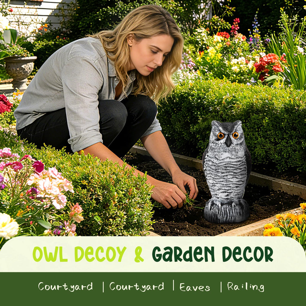 TRAYDER 2 Pack Fake Owl Decoys Large, 10.7" Outdoor Decorations Anti Bird Repellent Owls for Garden Deterrent, Scarecrow Horned Owl Statue Decoy to Scare Birds Away, Suit Backyard, Patio Decor