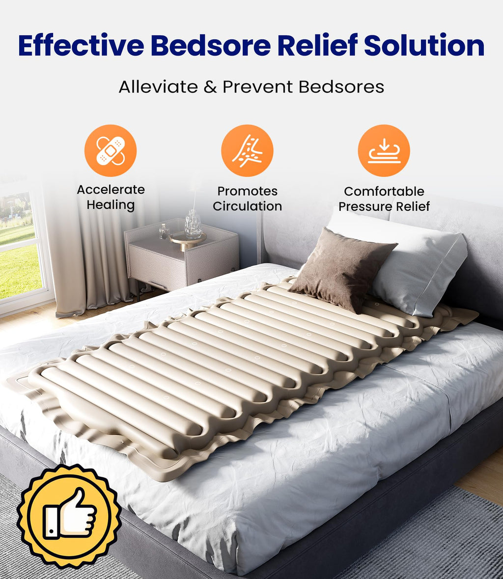 VOCIC Alternating Air Pressure Mattress Pad, Bed Sore Prevention Solution Mattress Topper with 6-Setting Pump, Waterproof Pressure Ulcer Cushion Pad for Hospital Beds and Home (S12VA, Beige)