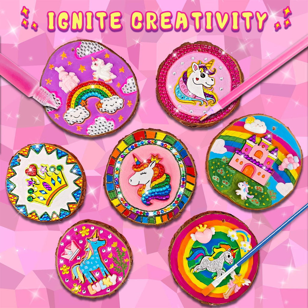 klmars Unicorn Themed Wooden Painting Kit-Glow in The Dark-Arts & Crafts Gifts for Kids Girls Ages 5-12-Wood Slice Craft Activities Kits -Unicorn Art Toys for Kids Christmas Gifts