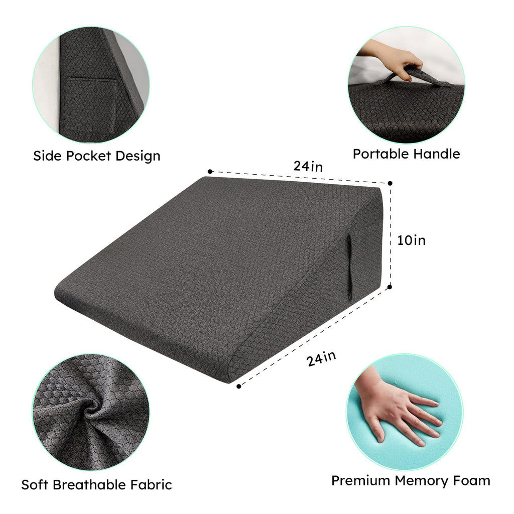 Bedluxe Wedge Pillow for Sleeping, 10 inch Elevated Support Bed Wedge Pillow, Breathable Triangle Pillow Wedge with Cooling Memory Foam Top - Removable Washable Cover, Black