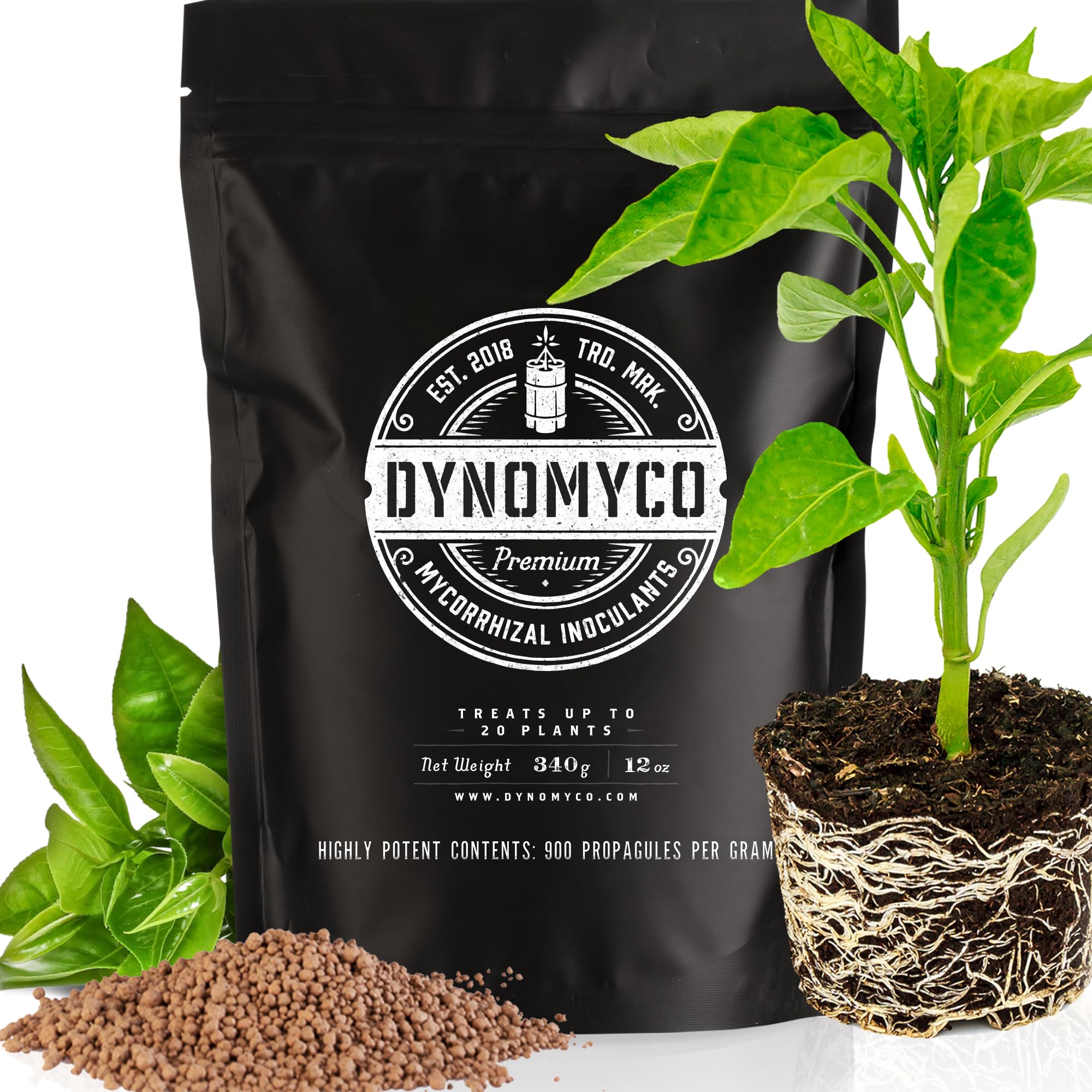 DYNOMYCO Premium Mycorrhizal Inoculant - Root Enhancer/Stimulator - Mycorrhizae for Plants - Concentrated Mycorrhizal Inoculant - Supreme myco strains - Treats up to 68 Plants! (340 g / 12 Oz)