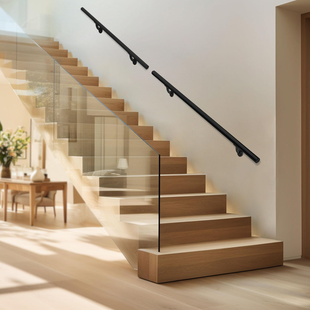 Meranti Aluminum Handrail for Indoor or Outdoor Steps and Stairs – Hand Rails for Elderly – DIY Complete Stair Railing Kit (7' Length, Black Textured)