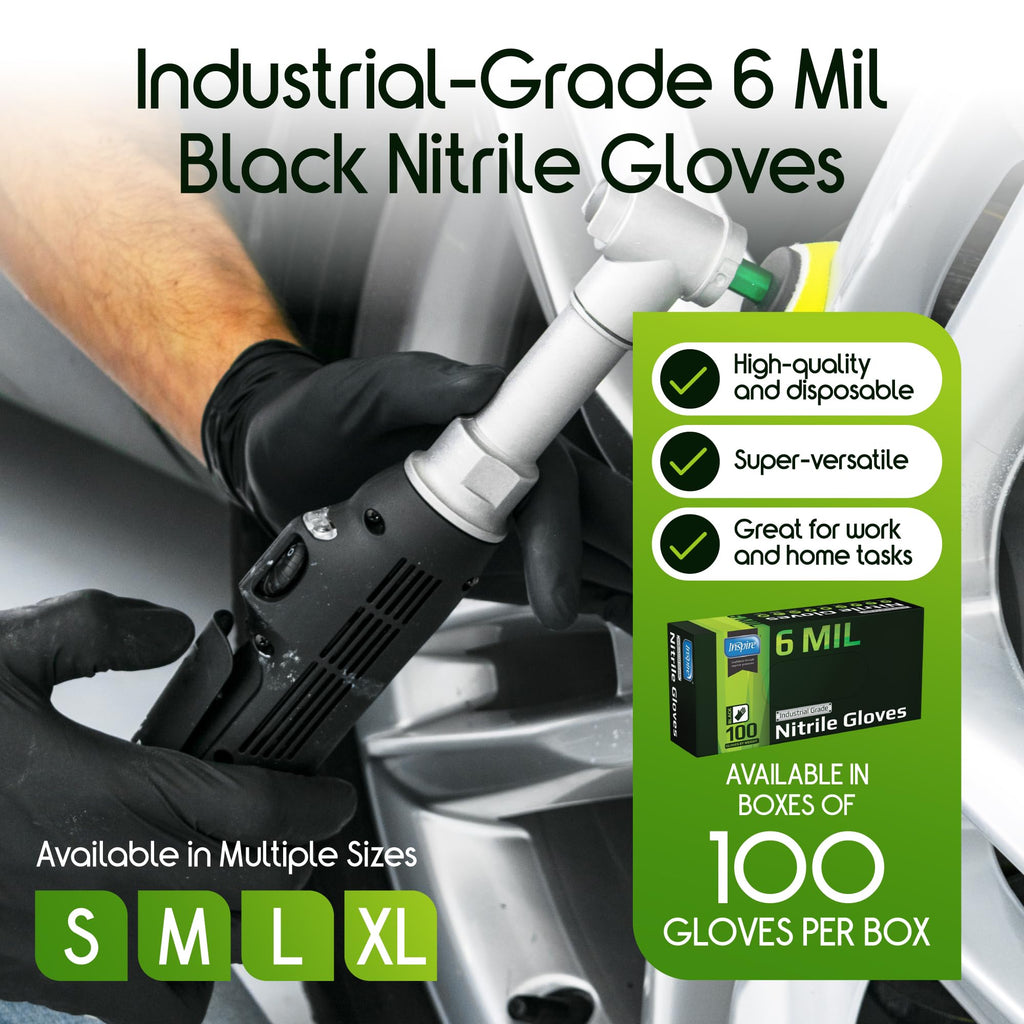 Inspire Black Nitrile Gloves HEAVY DUTY 6 Mil Nitrile Chemical Resistant Medical Cooking Cleaning Disposable Black Gloves (Medium, 100, Count)