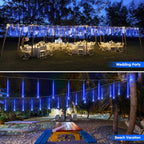 JMEXSUSS Solar Christmas Lights Outdoor Waterproof, Blue Solar Meteor Shower Rain Lights, 8 Tube 144 LEDs Solar Icicle Tree Lights for Halloween Yard Party Patio Xmas Decoration