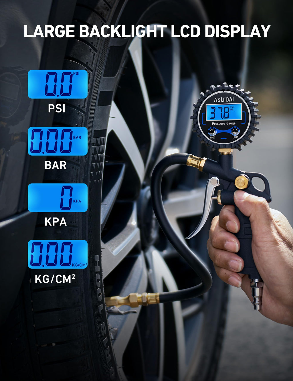 AstroAI Digital Tire Pressure Gauge with Inflator, 250 PSI Air Chuck & Compressor Accessories Heavy Duty with Quick Connect Coupler, 0.1 Display Resolution, Car Accessories, 1pack