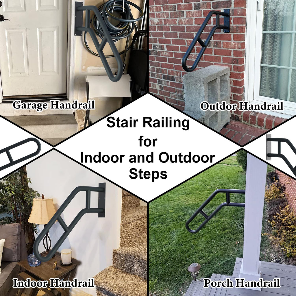 Upgraded Stair Handrails for 1-3 Steps, Wall Mounted Safety Grab Bar with Matte Finish, 27" Length Handrails for Outdoor and Indoor, Hand Rail with 2 Anti-Skid Crossbar Good for Elderly,Kids,Disabled