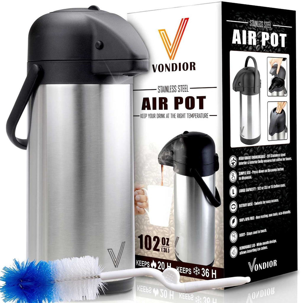 Airpot Coffee Dispenser with Pump - 102 oz Insulated Stainless Steel Coffee Carafe - Thermal Beverage Dispenser - Thermos Urn for Hot/Cold Water, Party Chocolate Drinks