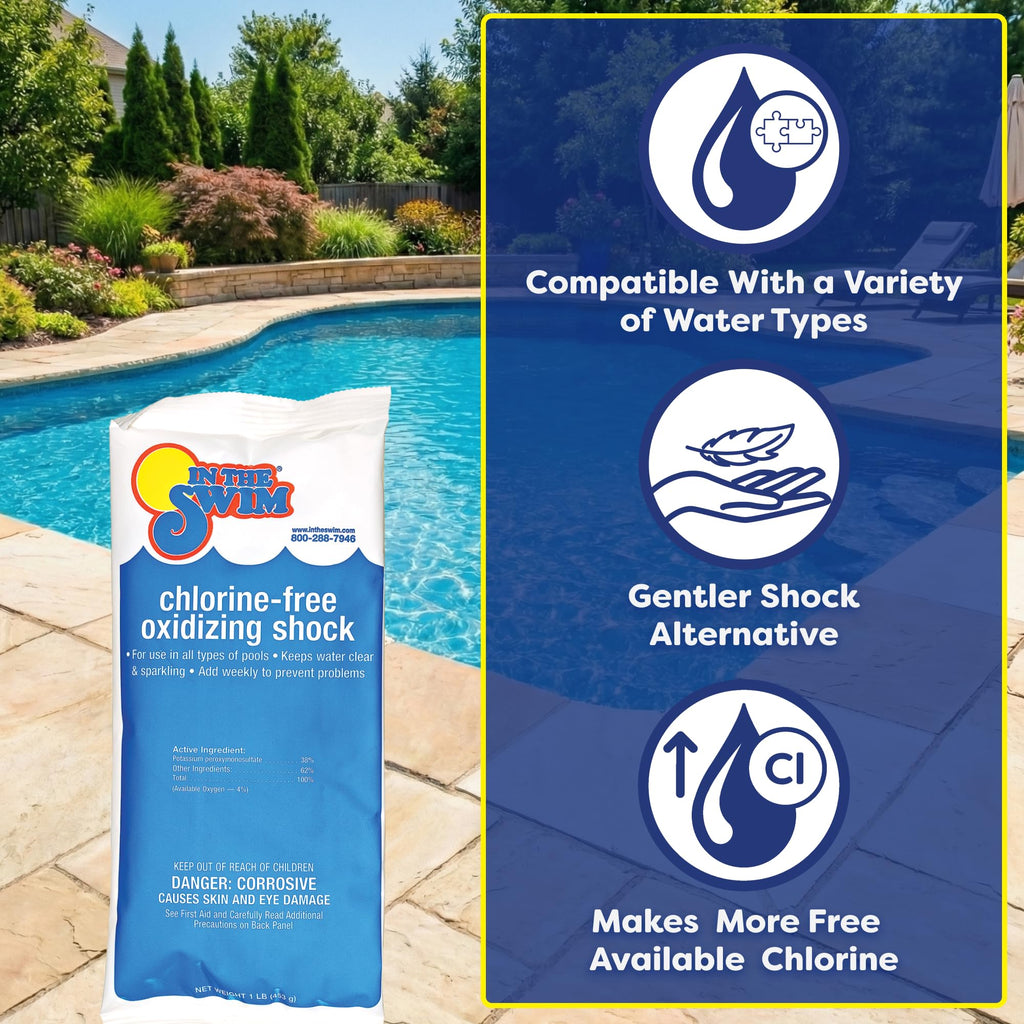 In The Swim Chlorine-Free Pool Shock – Quick Dissolving, Fast-Acting, Shock-Oxidizer for Swimming Pools, Spas, and Salt Chlorinated Pools Compatible - 6 x 1 Pound Bags